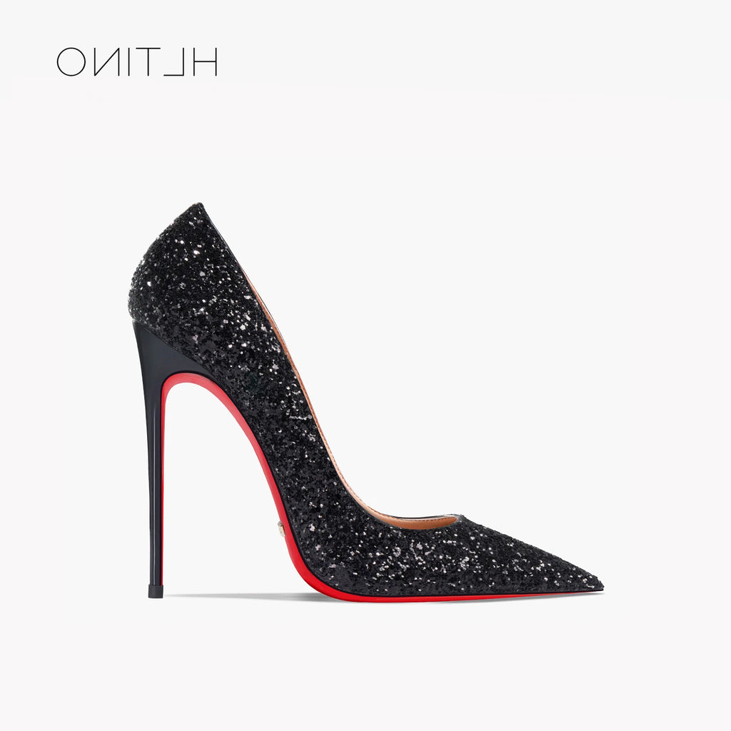 HLTINO Red Bottom Shoes with Sequinces 12cm Pointed Toe Genuine Leather Pumps Women's Sexy High Heeled Shoes Spring Summer