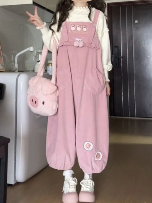 Sweet Kawaii Casual Pink Fashion Harajuku Cargo Harem Pants Women Bow Girls Overalls Streetwear Vintage Cute Jumpsuit