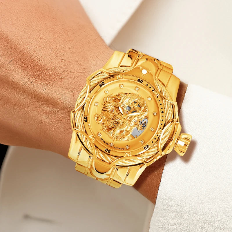 A men's yellow party style elegant dragon shaped carved fully automatic tourbillon mechanical watch
