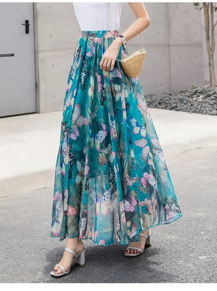 Elegant Skirts for Women Summer New Chiffon Half-body Skirt Crushed Flower Vacation Style Women's Beach Skirt Pleated Skirt