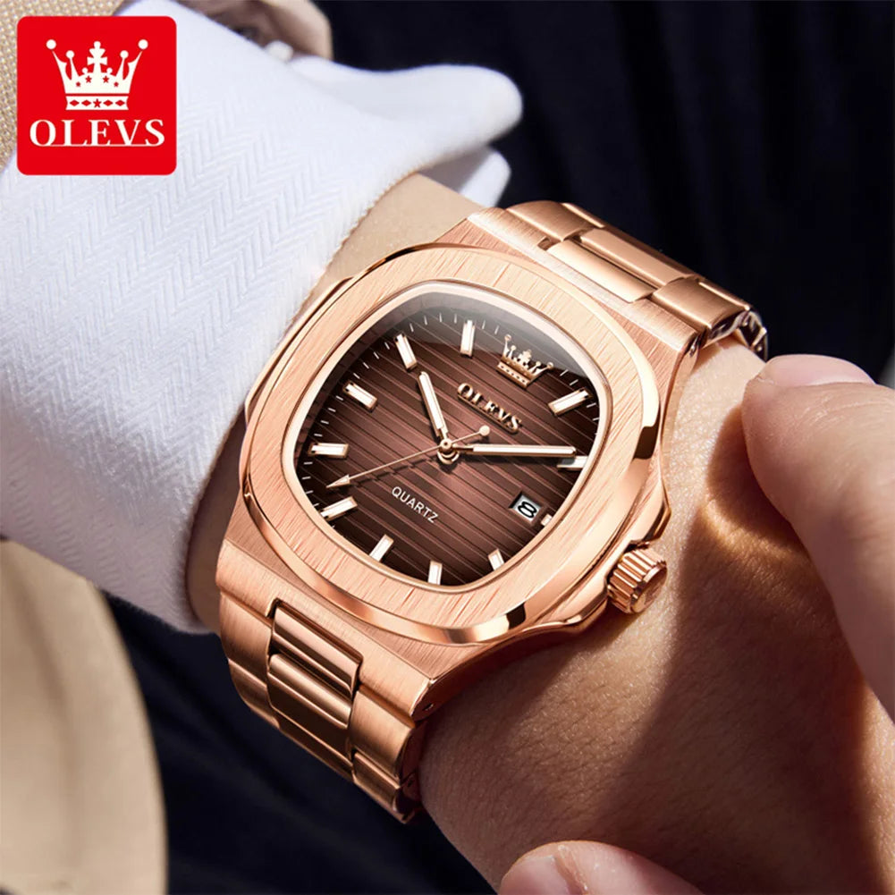 OLEVS Fashion Square Men Watches Business Stainless Steel Rose Gold Quartz Watch Calendar Date Male Casual Sports Luminous Clock