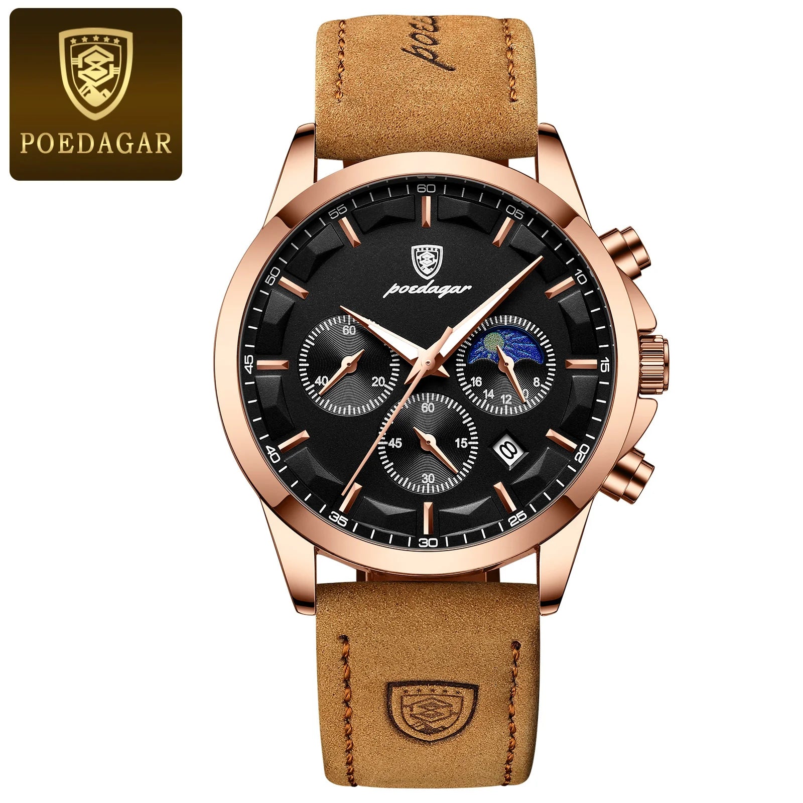 POEDAGAR Luxury Business Man Watch Waterproof Chronograph Luminous Date Male Wristwatch Leather Fashion Men's Quartz Watches+Box