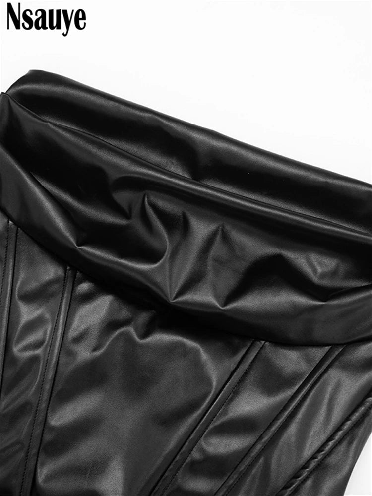 Nsauye Sexy Women Strapless Night Club PU Leather Mini Corset Dress Evening Party Fashion Elegant Short Wrap Dress Winter 2025