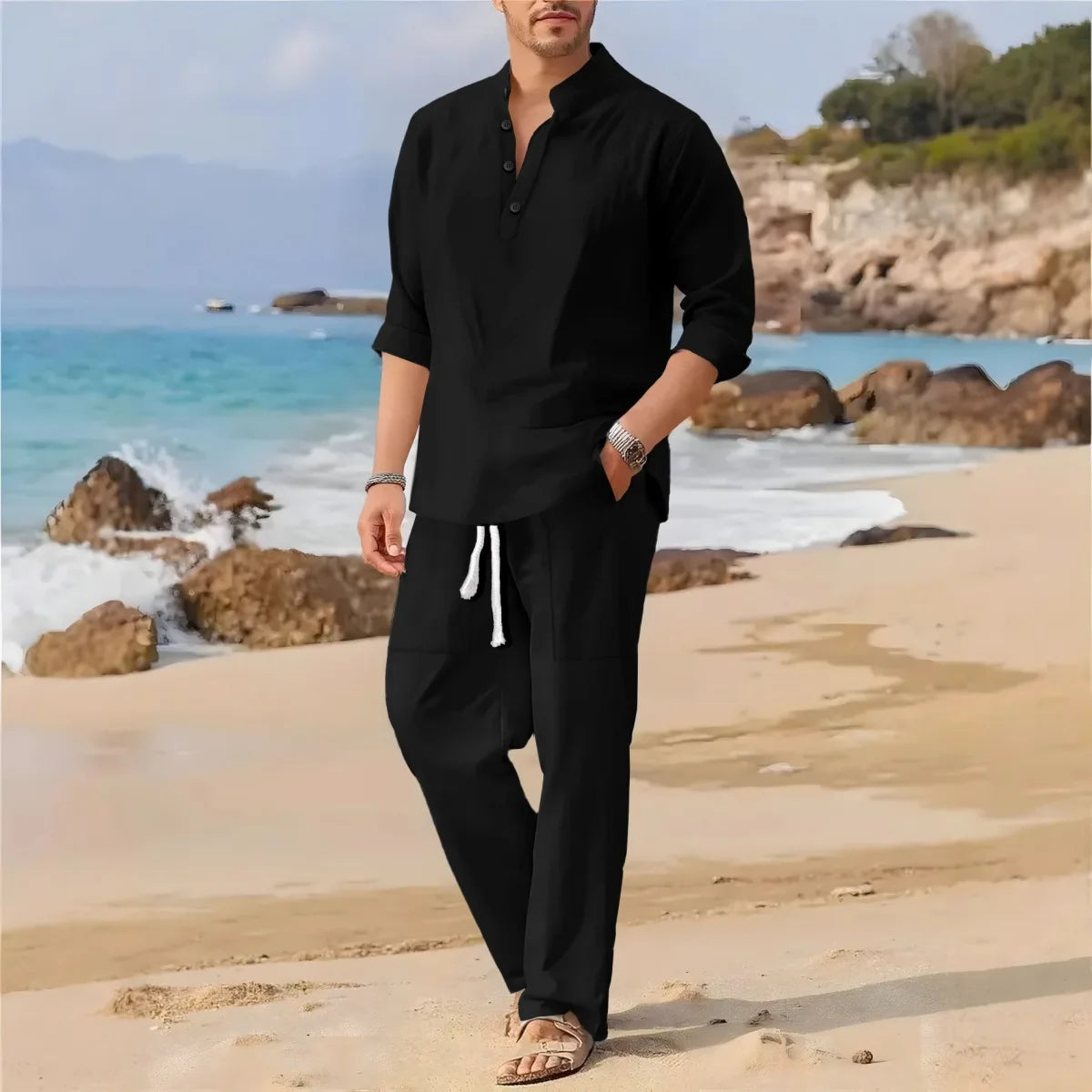 Men's Retro Cotton Linen Stand-Up Collar Long-Sleeved Suit Spring-Autumn Fashionable Loose Pure-Color Two-Piece Set