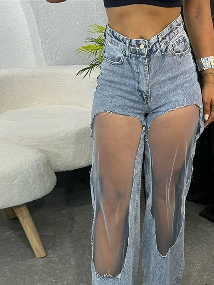 American Retro Straight Jeans Women Hollowed Out Gradient Jeans, Loose Wide Leg Pants, Ins