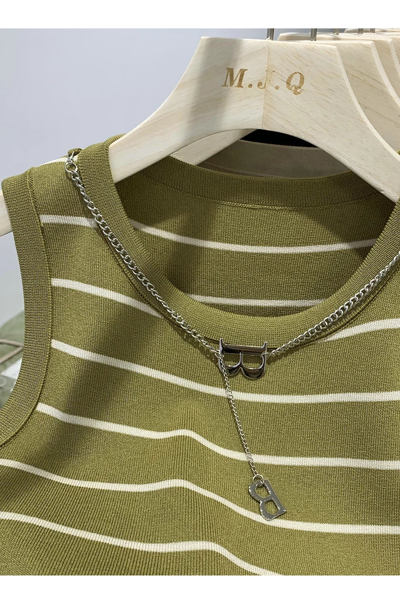 AOSSVIAO 2026 New Waistcoat Women Wear Striped Wide Edge Temperament Summer Top Short Knit Sleeveless Bottom Shirt