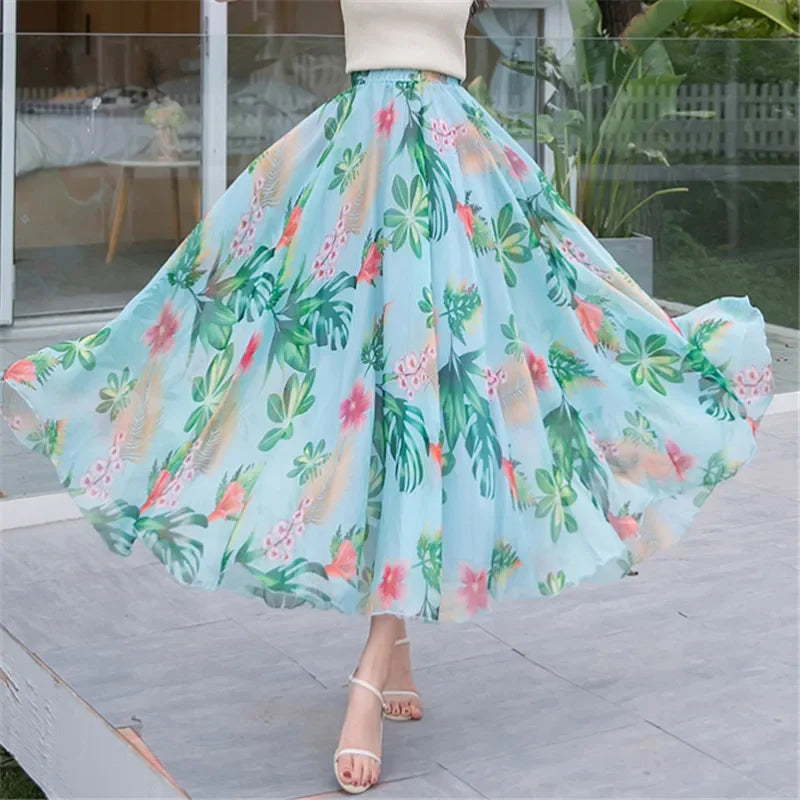 Elegant Skirts for Women Summer New Chiffon Half-body Skirt Crushed Flower Vacation Style Women's Beach Skirt Pleated Skirt