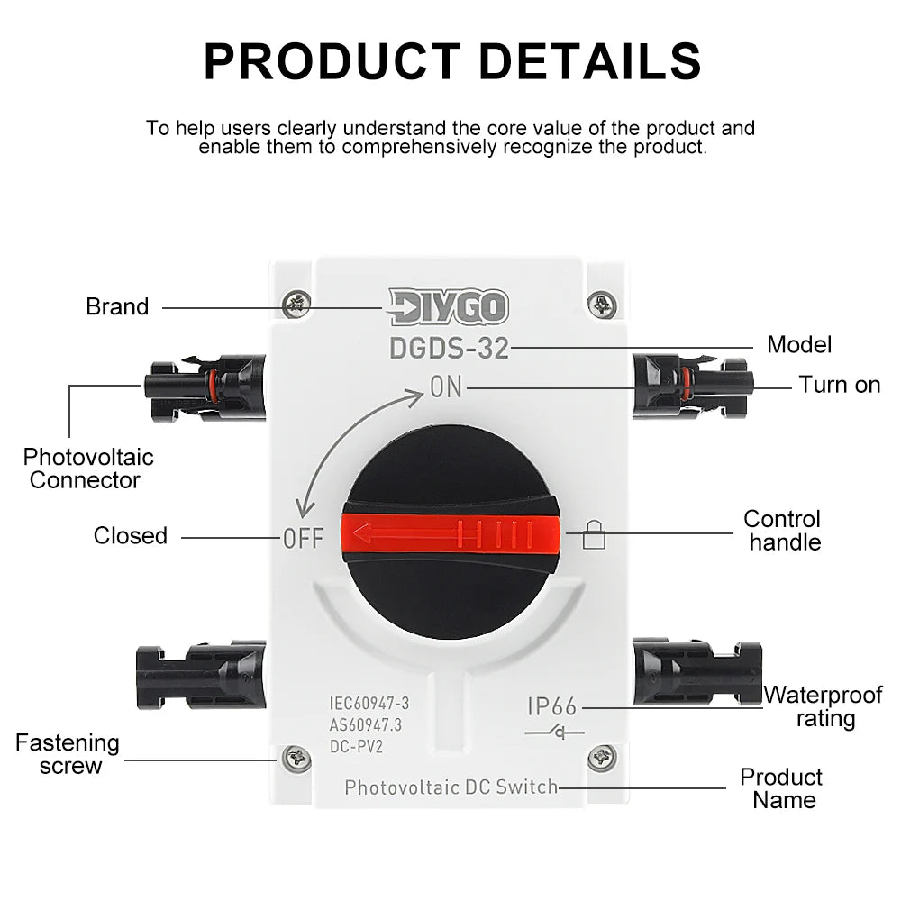 DIY GO IP66 Waterproof Isolator Switch 2in 2out 2 String PV Disconnect Switch DC 1200V 32A Solar System Disconnector