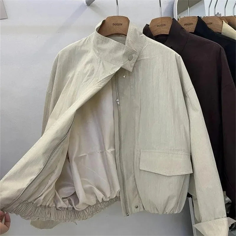 Korean Short Stand-up Collar Jacket Women's Loose Windbreaker Coat Spring Autumn Leisure Tooling Jacket Coat Female Overwear Top