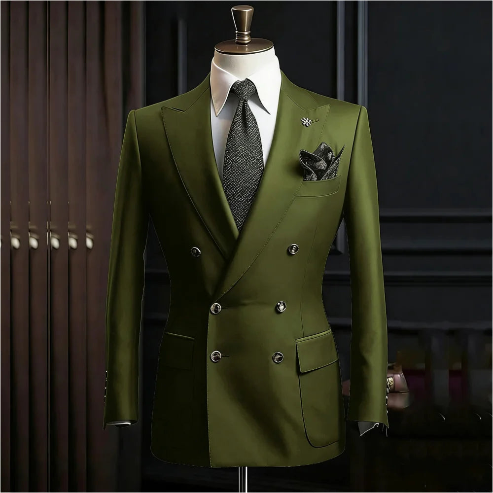 Formal Men's Suits Slim Fit Double Breasted Peaked Lapel Wedding Groom Prom Custom Male Clothing 2 Piece Jacket Pants Sets