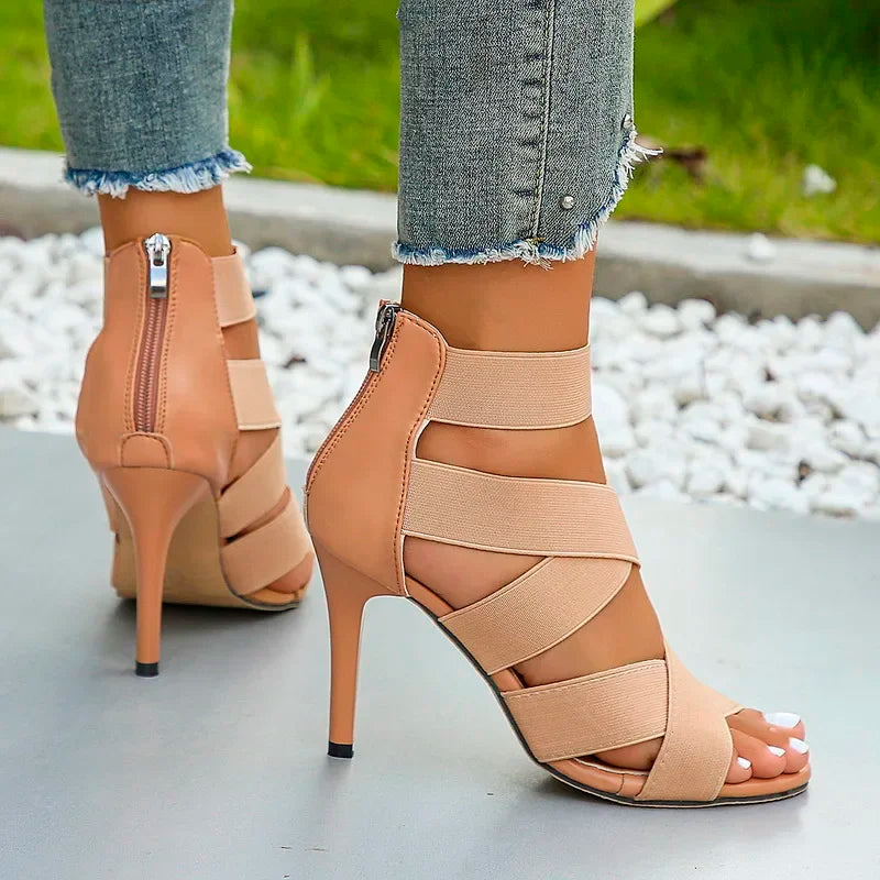 Super High Heel Sandals for Women Sexy Open Toes Elastic Broadband Crossover Zipper Gladiator Shoes Party Wedding Pumps