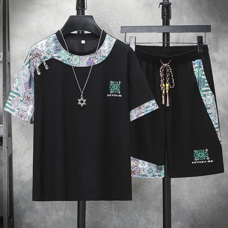 Summer New Fashion Trend Print Comfortable Breathable Short Sleeve Shorts Set Men's Casual Loose Sports Plus Size Two-Piece Set