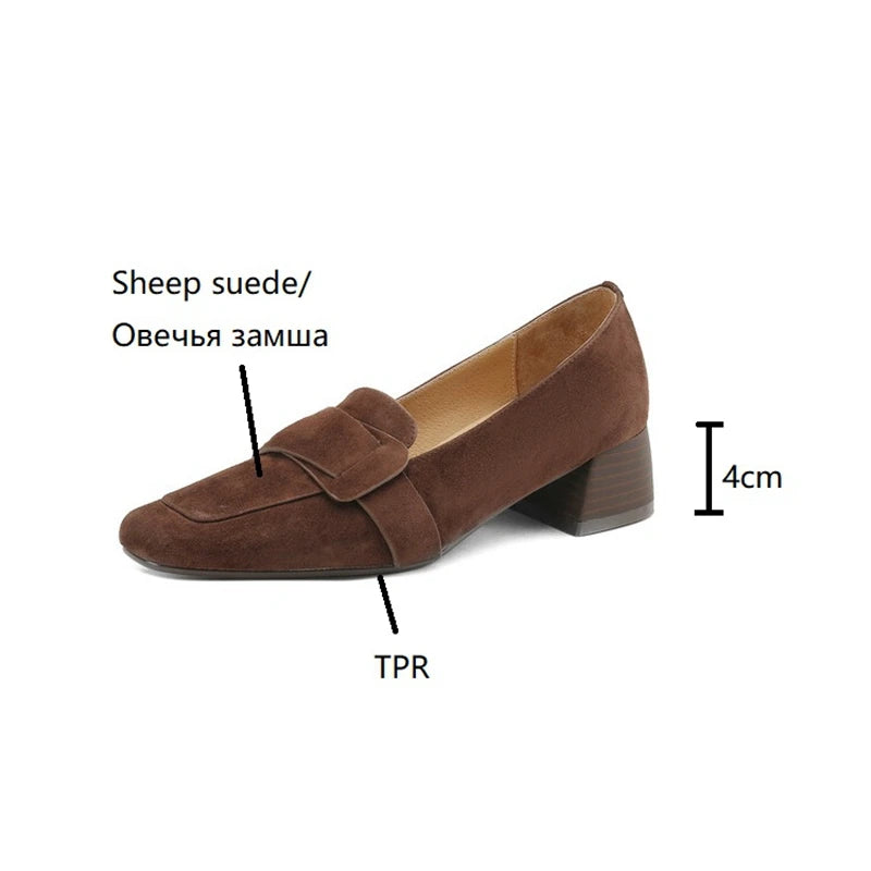 NEW Spring Women Loafers Square Toe Chunky Heel Shoes Sheep Suede Shoes for Women Concise Women Pumps Low Heel zapatos de mujer