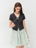 FSLE Stylish Tie-Front Lace Applique Mock Two-Piece T-Shirt for Women 2026 Summer New Arrival Sleeveless Knitted Sweet Grey Top
