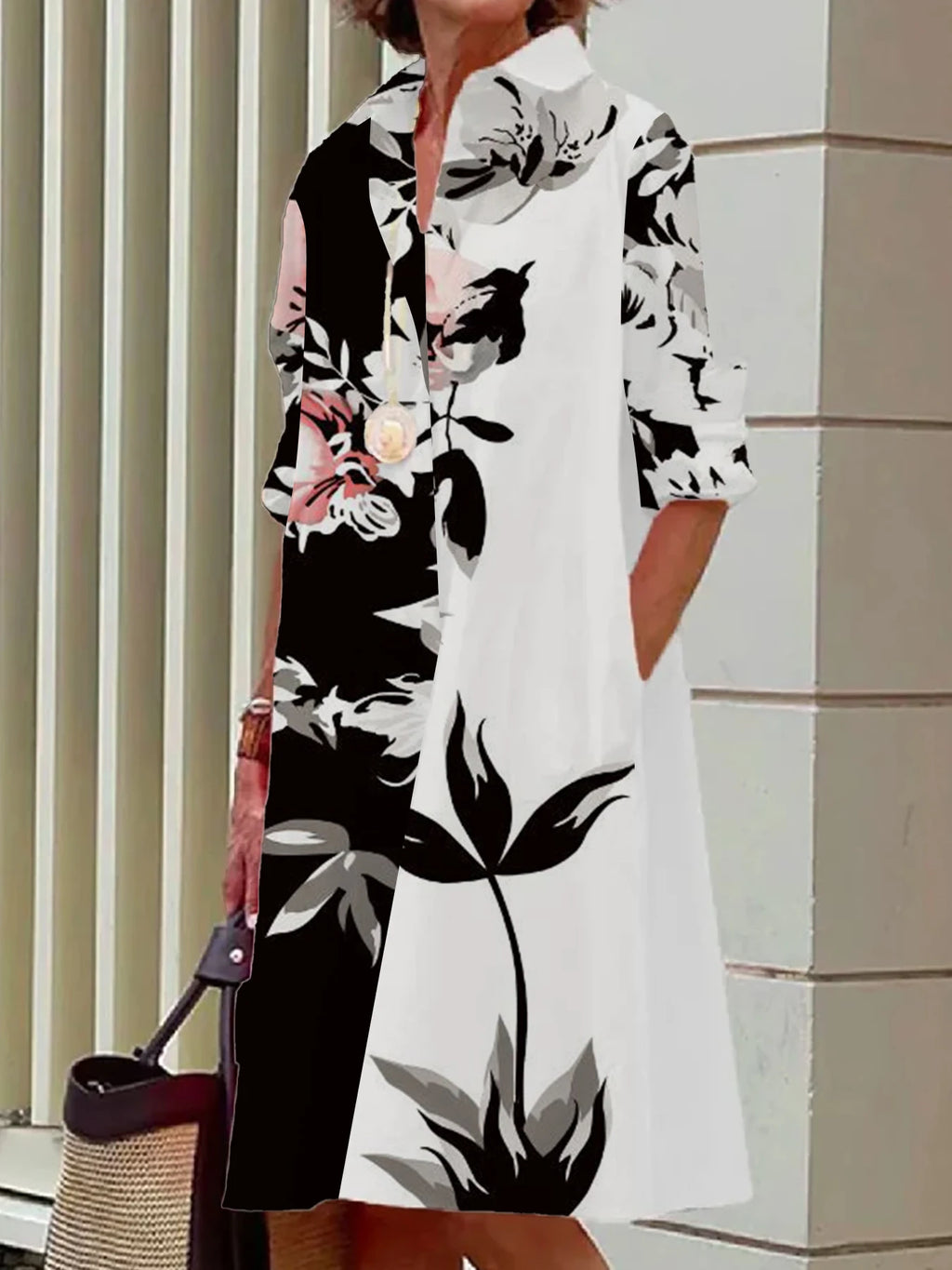 Plus Size Casual Floral Print Shirt Dress Black White Pink Non-Stretch Woven Dresses for Women Daily Wear Office Outing 