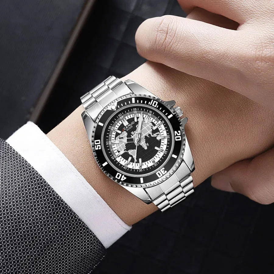 New Stylish Trendy Men Sports Quartz Watch With Stainless Steel Strap Map Luminous Hands