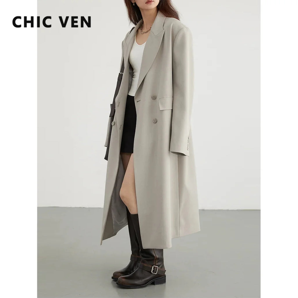 CHIC VEN Women Trench Coat Solid Loose Casual Long Overcoat Double Breasted Female Windbreak Woman Outerwears Spring Autumn 2024