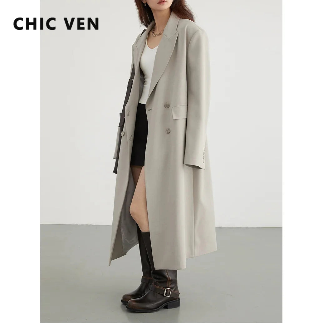 CHIC VEN Women Trench Coat Solid Loose Casual Long Overcoat Double Breasted Female Windbreak Woman Outerwears Spring Autumn 2024