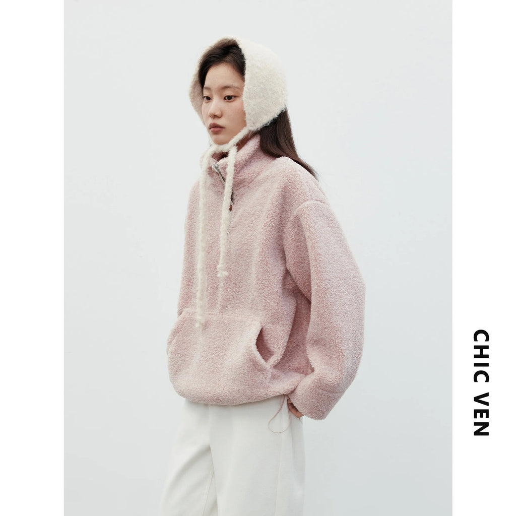 CHIC VEN Korean Women Sweatshirts New Loose Casual Plush Plaid Patchwork Drawstring Female Pullover Coat Autumn Winter 2025
