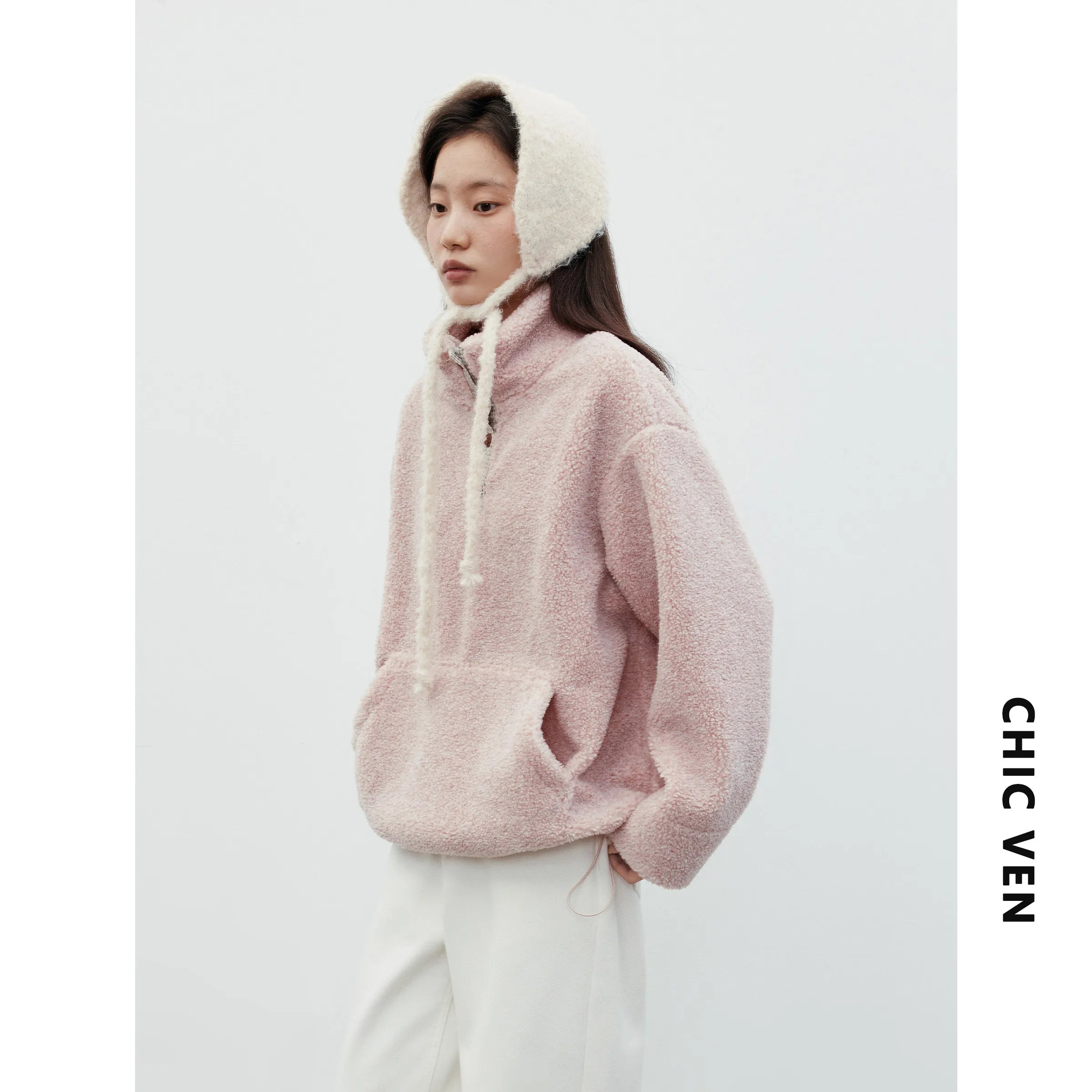 CHIC VEN Korean Women Sweatshirts New Loose Casual Plush Plaid Patchwork Drawstring Female Pullover Coat Autumn Winter 2025