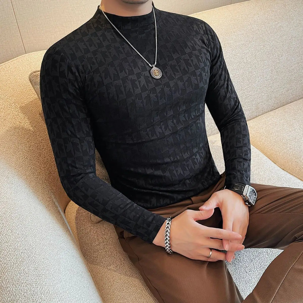 Jacquard Half-high Neck Long-sleeved T-shirt Men's Spring and Autumn New Trendy and Fashionable Slim Mid-neck Versatile Pullover