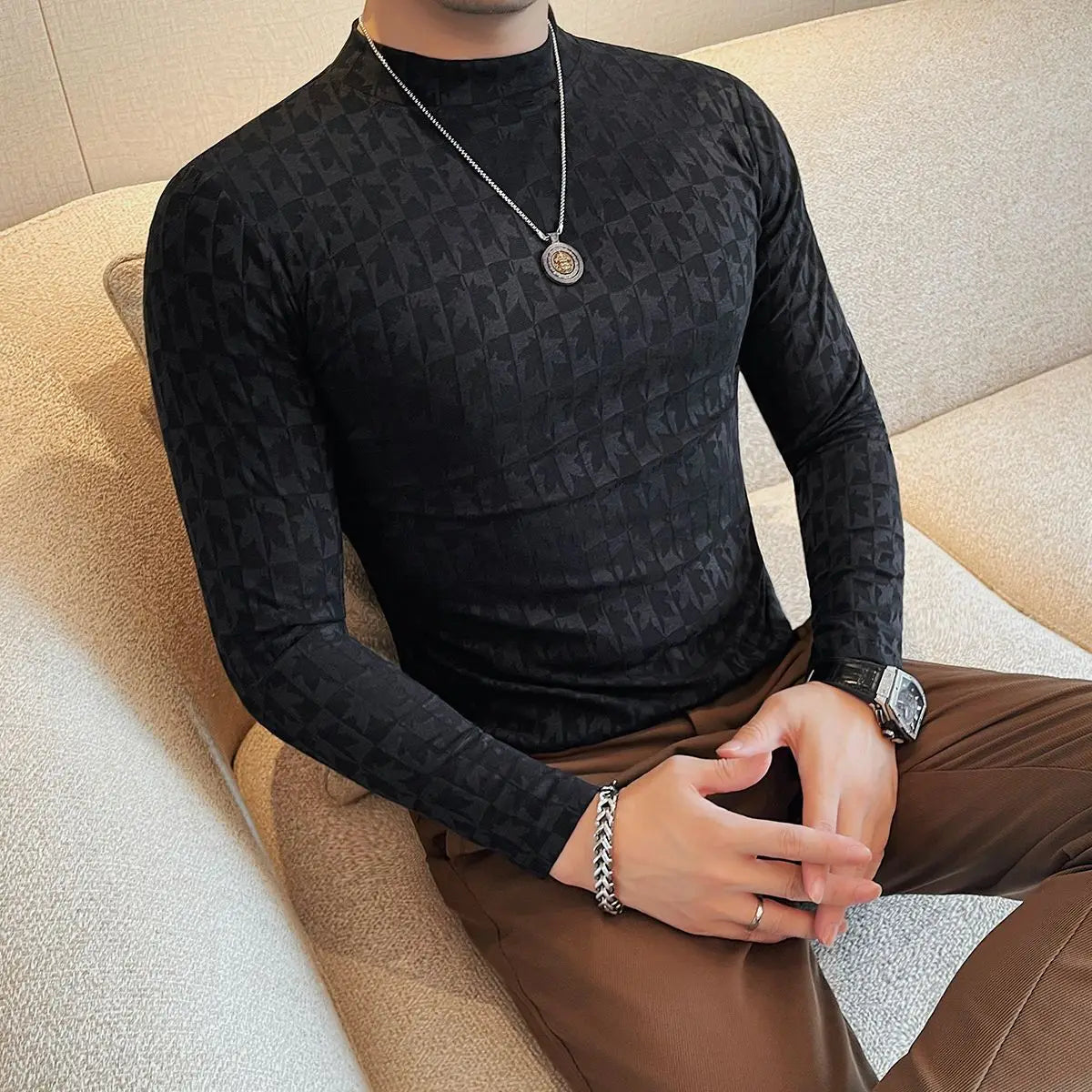 Jacquard Half-high Neck Long-sleeved T-shirt Men's Spring and Autumn New Trendy and Fashionable Slim Mid-neck Versatile Pullover