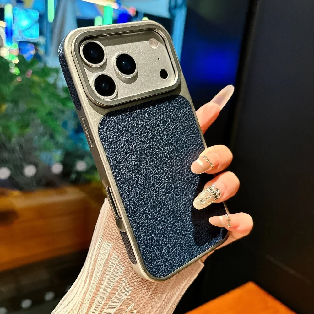Business Plating Frosted Faux Leather Phone Case For iPhone 17 Pro Max 16 15 14 Plus 13 Pro Max 17 Air Shockproof Phone Cover