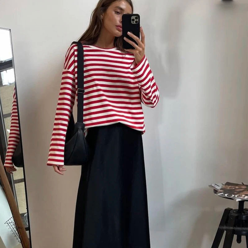 Hirsionsan 2023 Basic Thick Stripes T Shirts Women Autumn Long Sleeves Loose Bottom Ladies Casual Knitted Cotton Woman Clothing