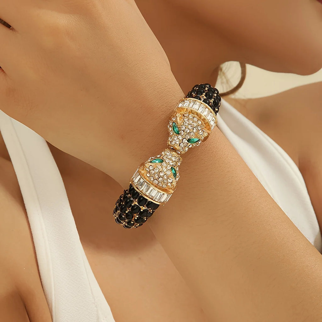 Vintage Luxury Full Rhinestone Double Headed Leopard Open Bangles Fashion Exquisite Versatile Bracelets Jewelry Gifts For Women