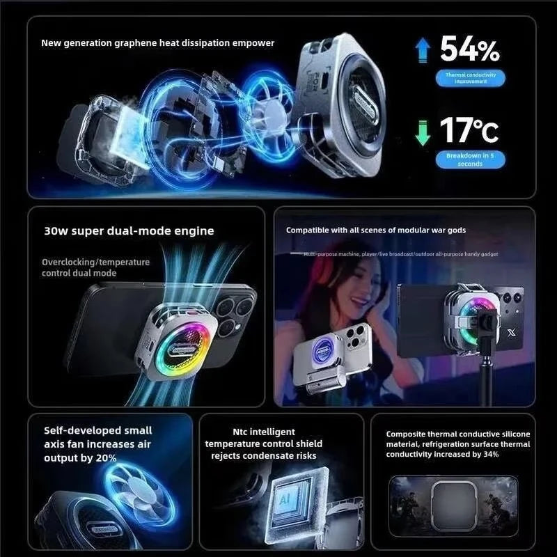 Redmagic 6 Pro Cooler 30W VC Liquid Cooling Radiator Magnetic Fan Cooler RGB LED AI Temperature Control For Mobile Phone Tablet