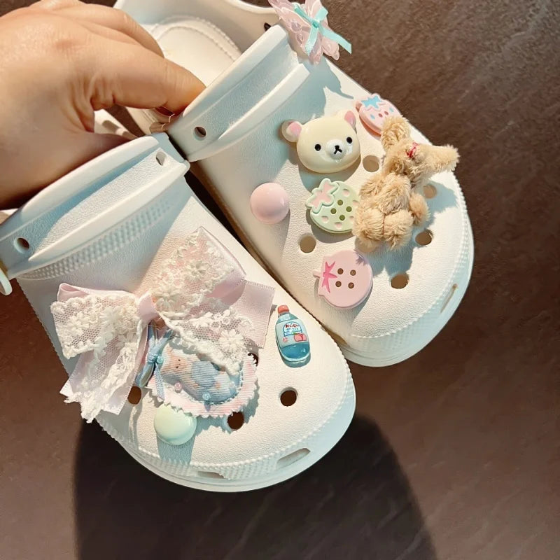 New Cute Pink Bowknot Pink Bear Shoe Charms Removable Accessories Suitable for Sandals Garden Shoes Xmas Gifts