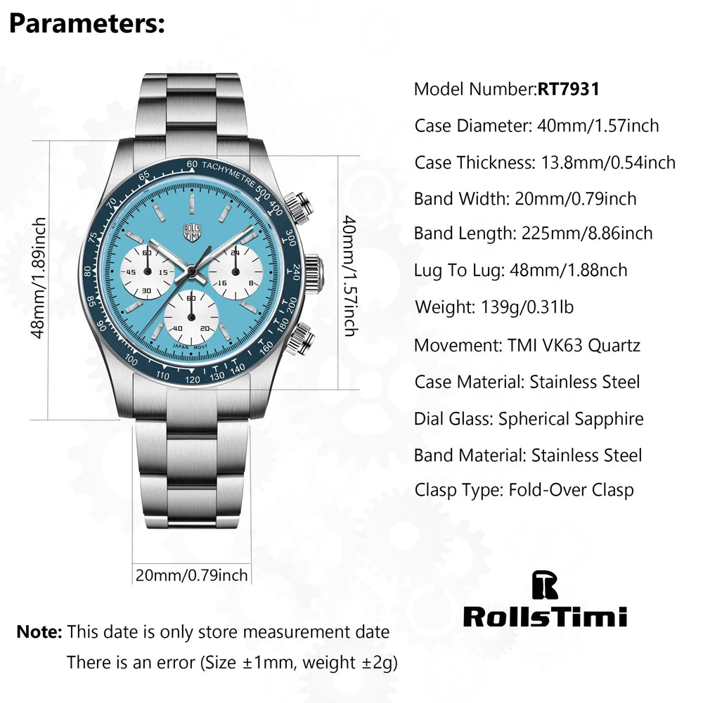 2026new men's watch RollsTimi luxury Quartz VK63 Movt Chronograph men's top AR Sapphire diving limited edition men's watch reloj