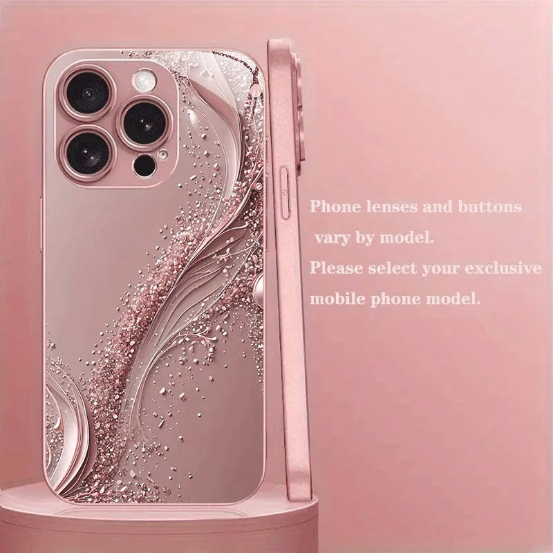 Pink Golden Ripple Pattern Metal Paint Tempered Glass Phone Case For iPhone 17 16 15 14 13 12 11 Pro Max Plus 16E 17Air Cover