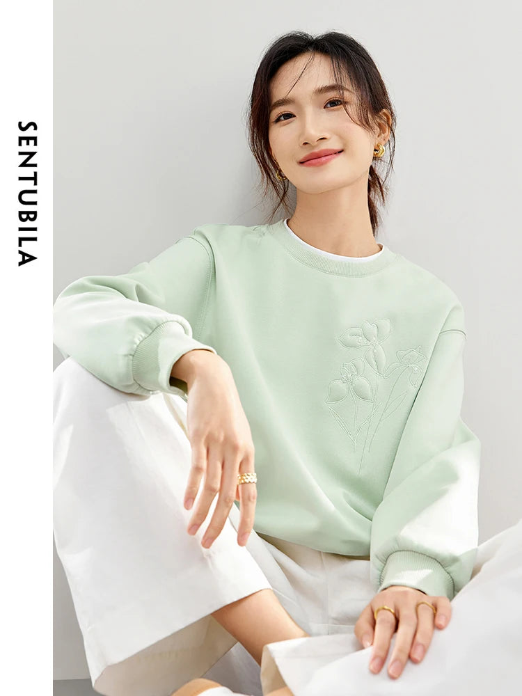 SENTUBILA Women Embroidery Sweatshirt 2026 Spring Autumn Round Neck Fashion Spliced Comfort Loose Long Sleeve Tops 141A53188