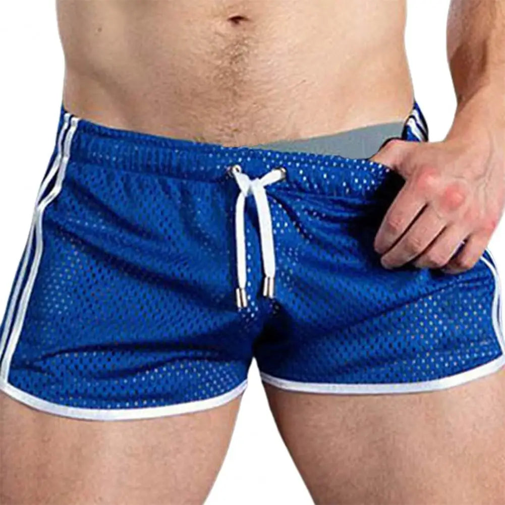 Summer Men Sport Shorts Color Matching Hollow Mesh Loose Drawstring Elastic Waist Quick Dry Jogging Gym Vacation Beach Shorts