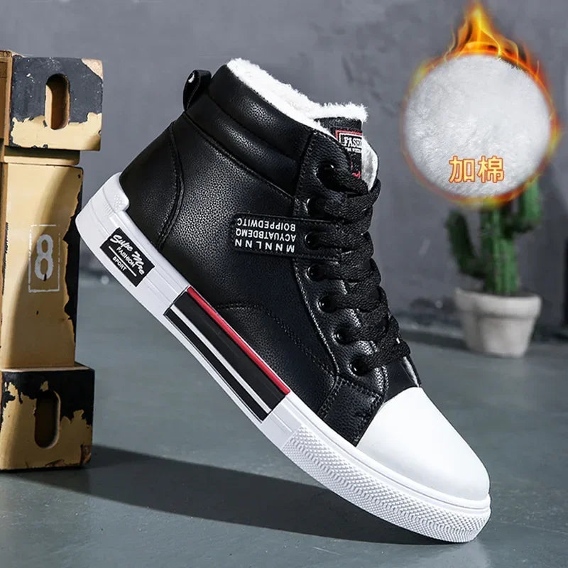 Men's Sneakers Fashion High-Top Leather Casual Shoes for Men Laced Ankle Boots Winter Plush Warm Cotton Shoes Кроссовки Мужские