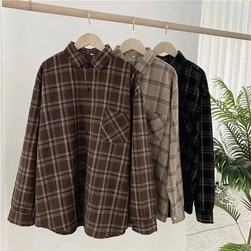 Vintage Plaid Shirts Women Autumn Long Sleeve Oversize Button Up Shirt Korean Fashion Casual Fall Outwear Tops Blusas Mujer