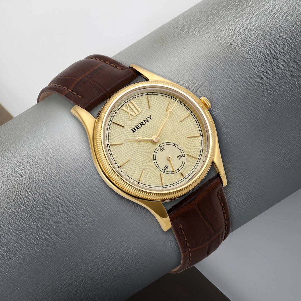 BERNY Luxury Watches for Men Ultra-Thin Classic Elegance Dress Gold Quartz Men's Watch Leather Strap Fashion Business Wristwatch
