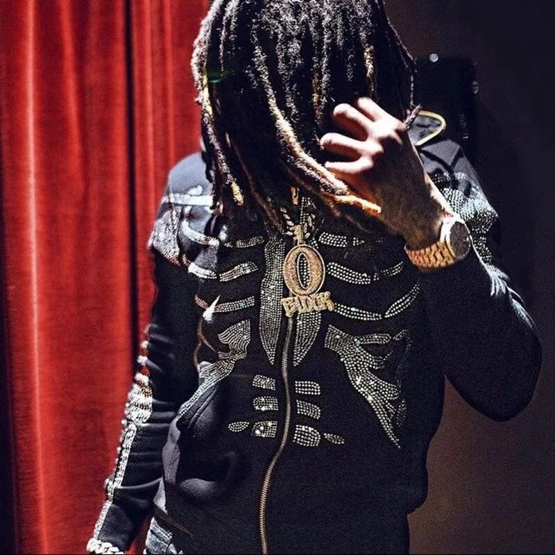 Gothic Long Sleeve Rhinestone Skeleton Hoodie Y2k Jacket Men Hoodies Oversized Full Zip Hoodie Goth Sweatshirt Sport Coat Autumn