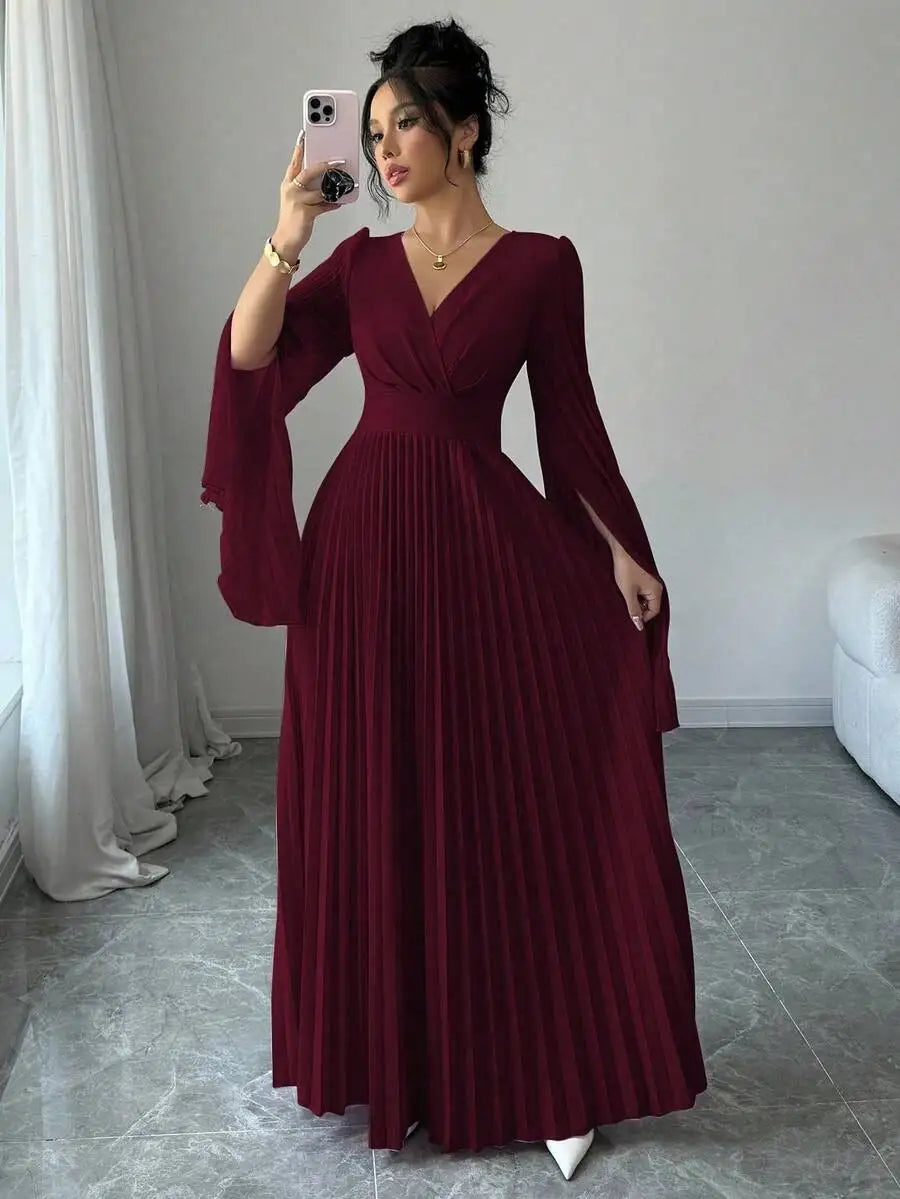 Lavender V-Neck Pleated Maxi Dress with Bell Sleeves Elegant Formal Gown