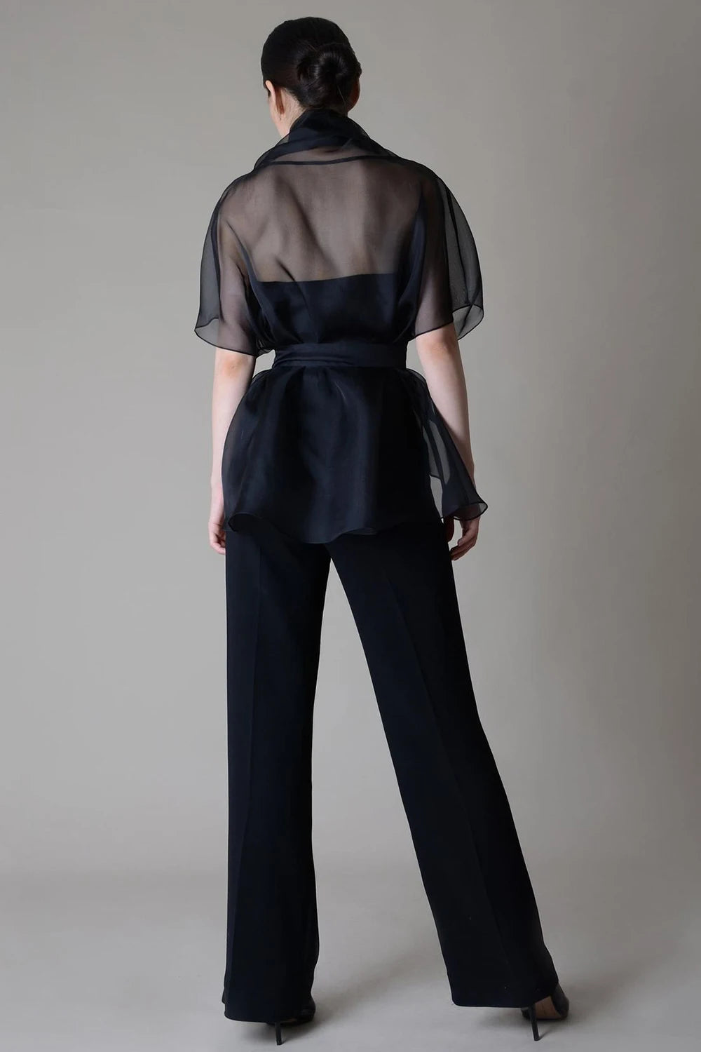 Organza Mesh Blouse for Women Stand Collar Lace-up See Through V-Neck VCasual Elegant Office Lady Half Sleeve Blouse Top