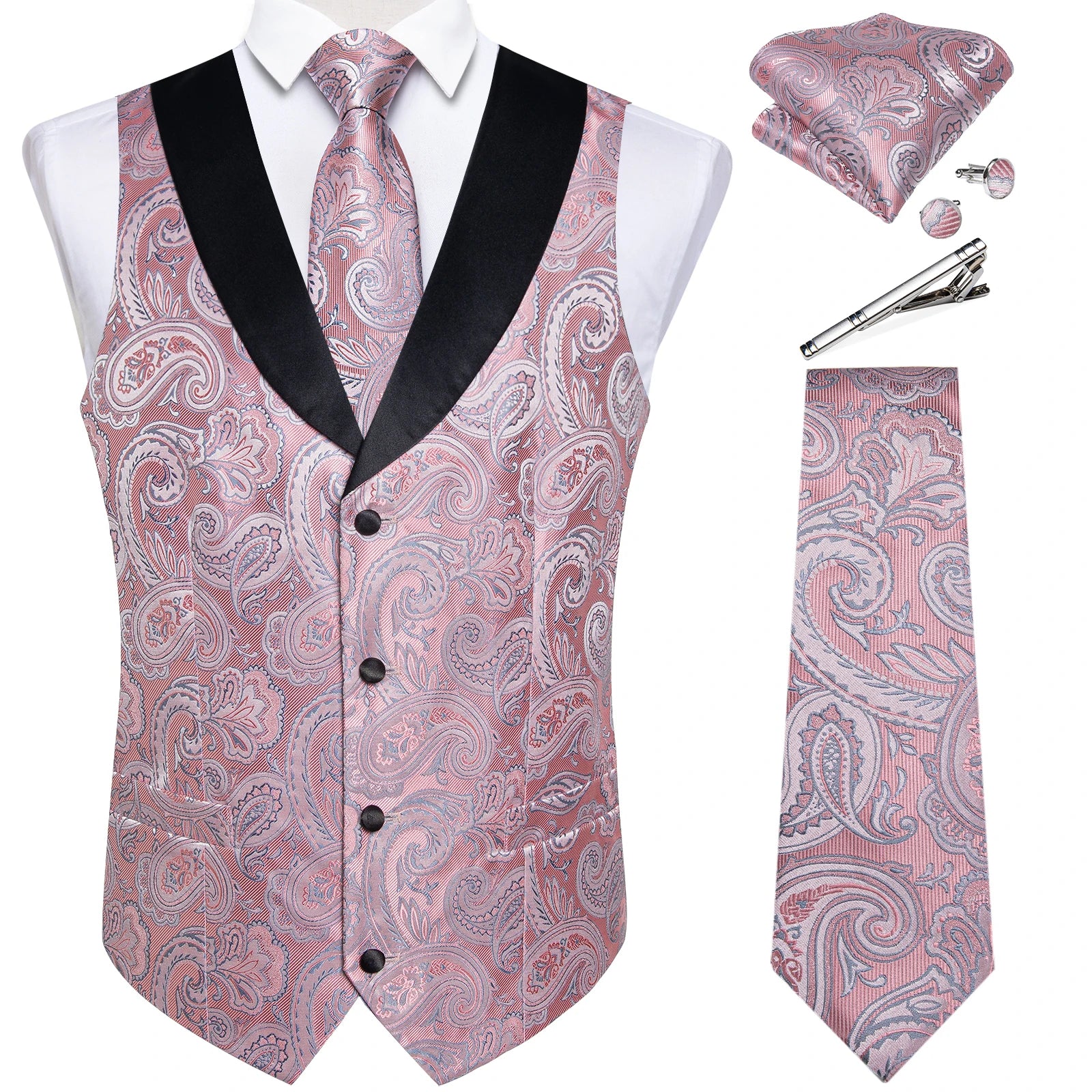 Suit Vest Set For Men Wedding Luxury Gray Paisley Dress Vests Necktie Clip Cufflinks Handkerchief Male Sleeveless Waistcoat Gift