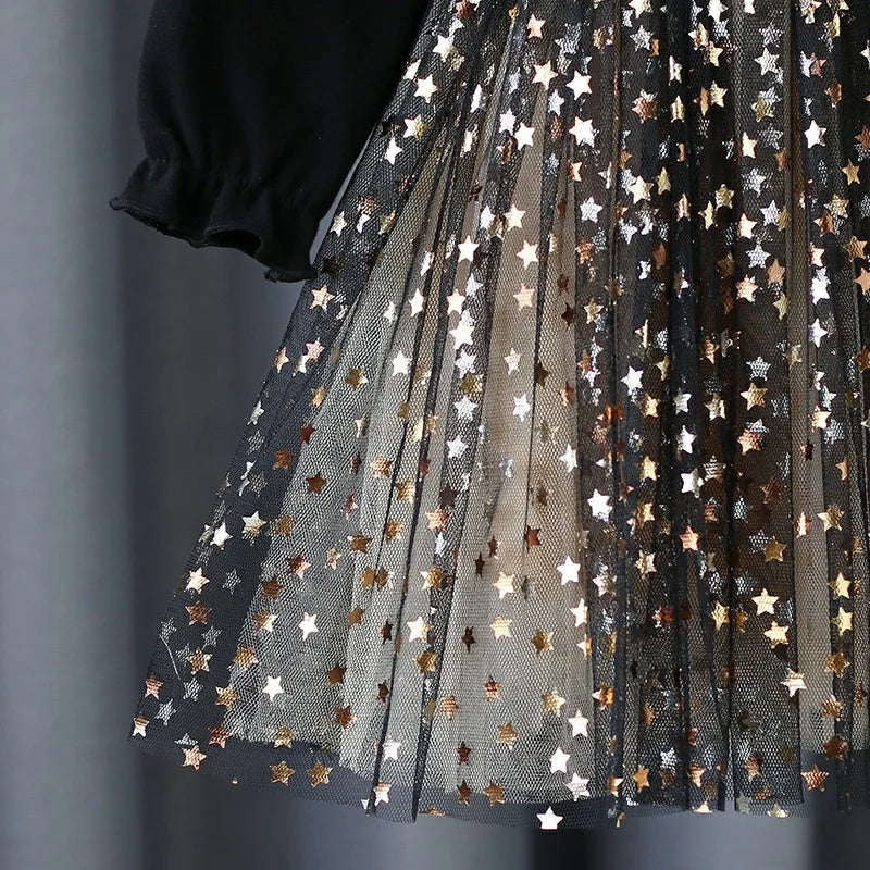 1 to 7 Years 2024 New Baby Black Dress Spring and Summer New Korean Girl Cotton Tutu Skirt Star Net Gauze Princess Dress