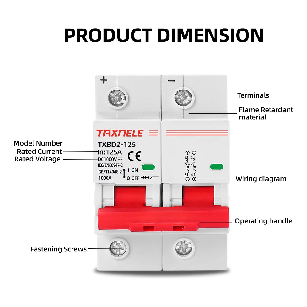 2P DC 1000V Solar Mini Circuit Breaker Battery Switch 125A 100A DC MCB for Photovoltaic PV System