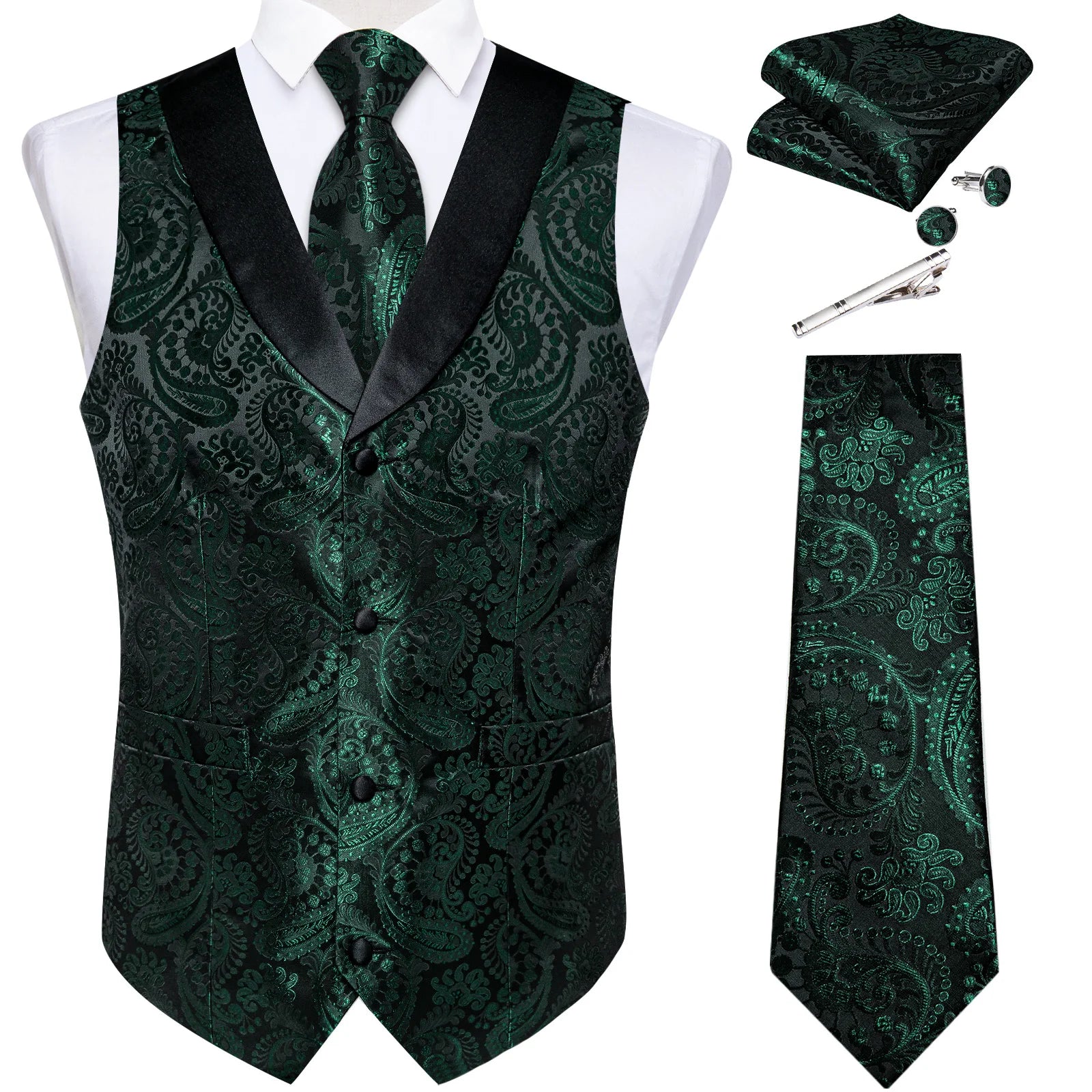 Suit Vest Set For Men Wedding Luxury Gray Paisley Dress Vests Necktie Clip Cufflinks Handkerchief Male Sleeveless Waistcoat Gift