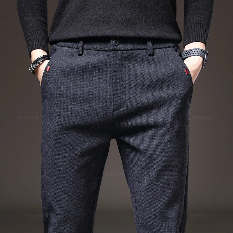 Spring Men's Casual Pants Business Fashion Elastic Waist Slim Fit Stretch Thick Gray Black Cotton Trousers Male