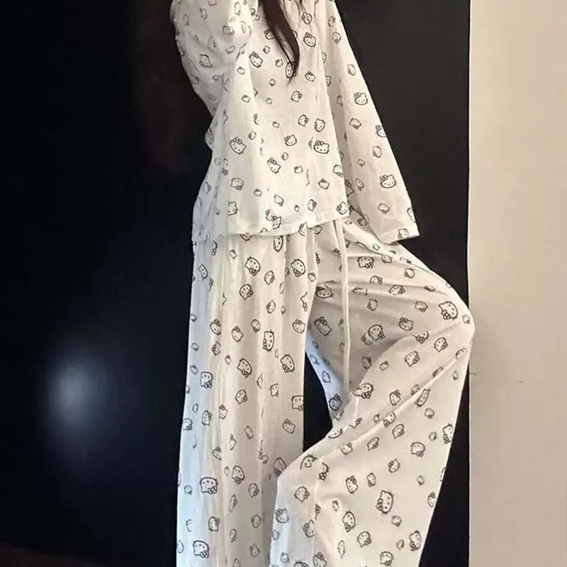 Korean Hello Kittys Printed Pajamas for Women Spring and Autumn Off-Shoulder Long Sleeves+ Trousers 2Pcs Girl Loose Home Clothes