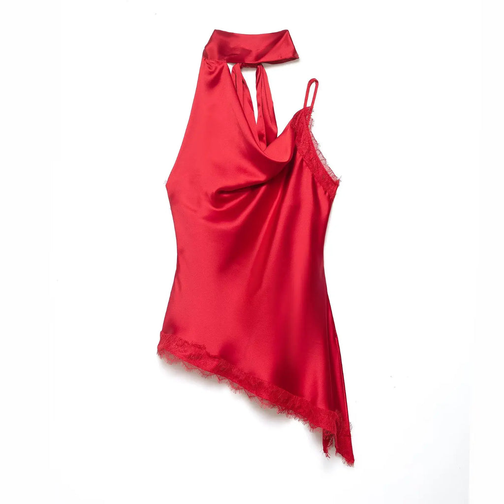 HH Women Fashion Party Tops Sexy Sleeveless Backless Irregular Lace Splicing Decoration Short Top Woman Summer Elegant Solid Top