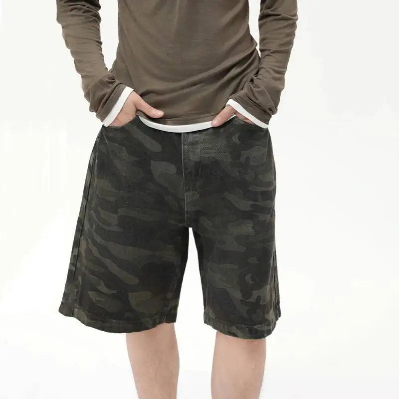 IEFB Men's Wear American Style Camouflage Jorts Loose Wide Leg Casual Pants Versatile Washed Denim Shorts New Trendy 9A8588