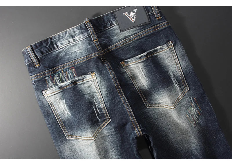 Streetwear Fashion Men Jeans Retro Black Blue Elastic Slim Fit Ripped Jeans Men Spliced Designer Embroidery Hip Hop Denim Pants